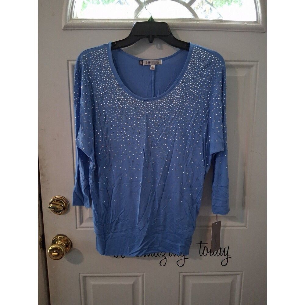 Women's Top XS Jennifer Lopez 3/4 Sleeves Blue Silver Accent Studs NWT